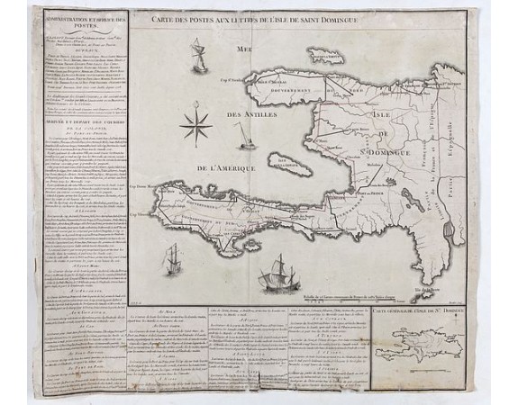 R.D.B. -  Carte des postes aux lettres de la partie française de l'isle de Saint-Domingue.